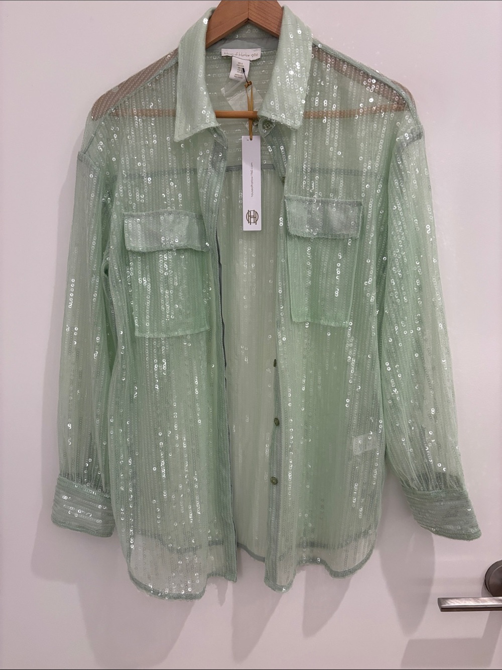 House of Harlow 1960 Mint Green Sequin Sheer Button-Down